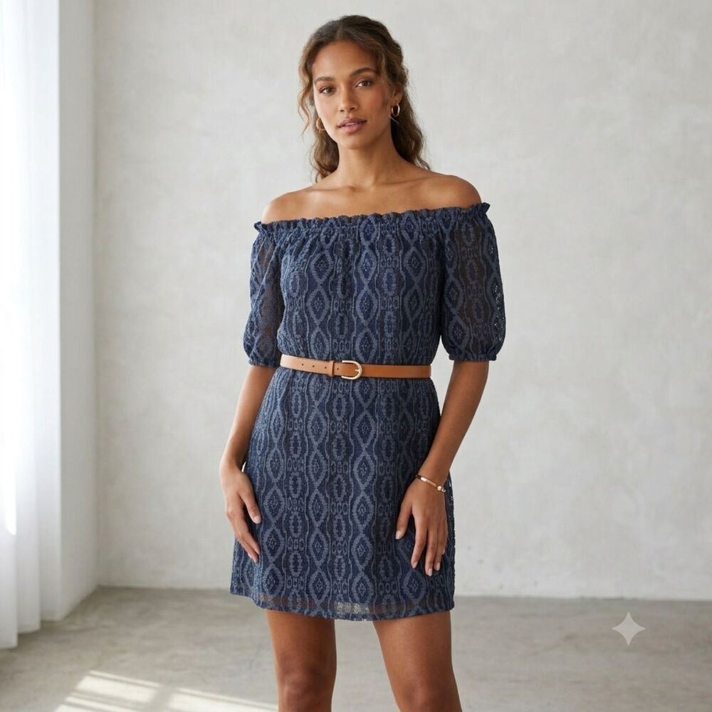 Michael Kors Navy Blue Geometric Lace Off The Shoulder Dress Womens Size S Small